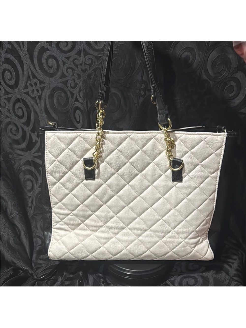 Black & White Tote Bag with Floral Embroidery - Picture 2 of 15